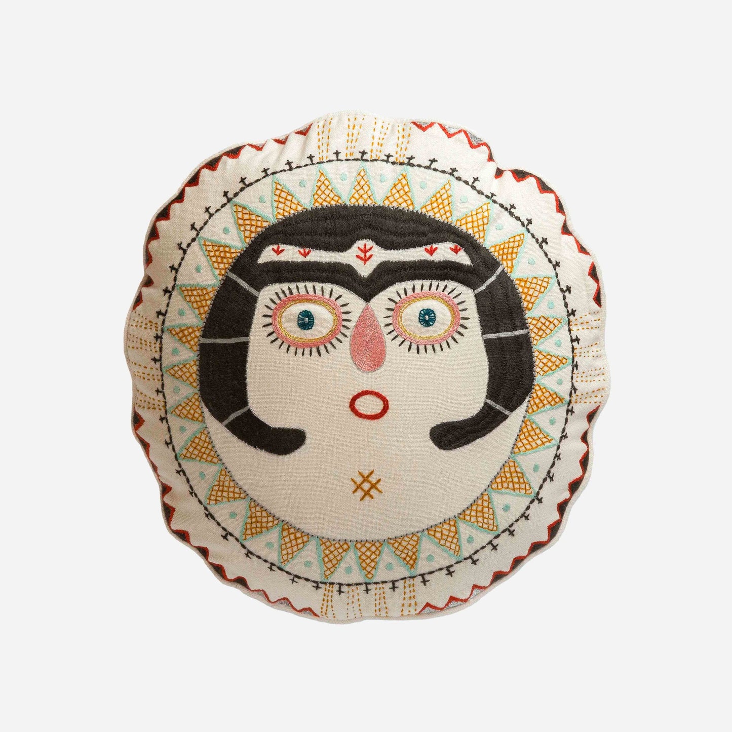 White round cushion embroidered with charcoal Sun Lady