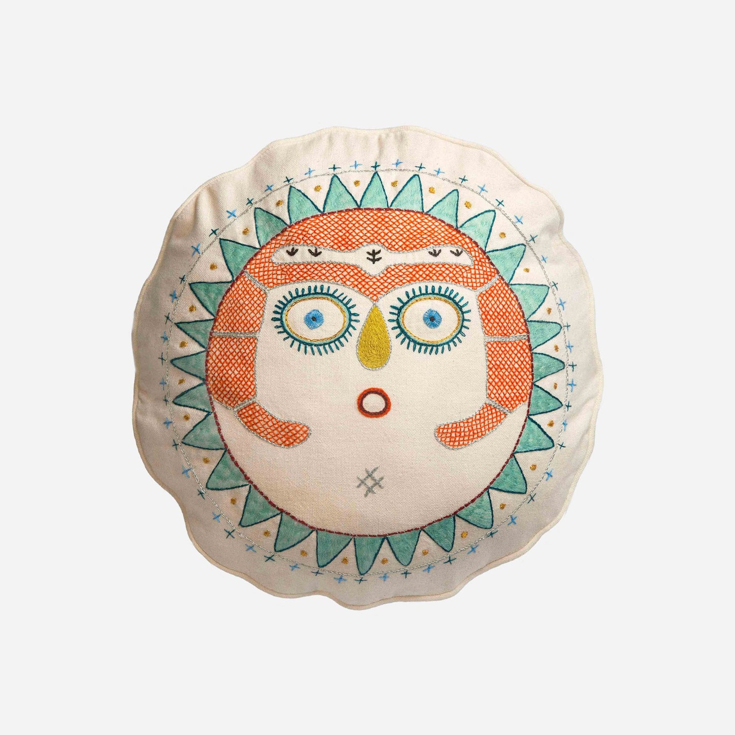 White round cushion embroidered with Coral Sun Lady Edit alt text