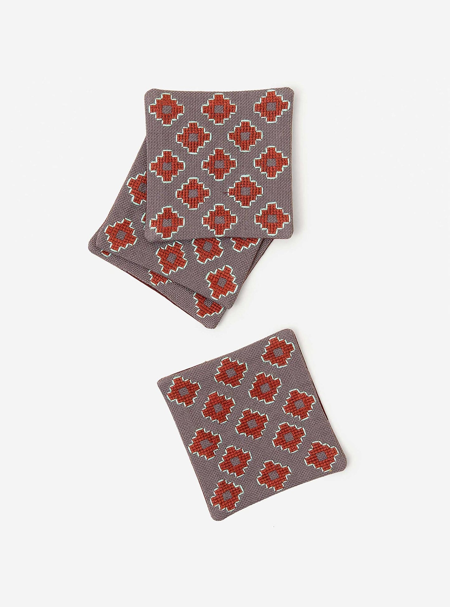Dove grey Apadana coaster set with dark red flower embroidery