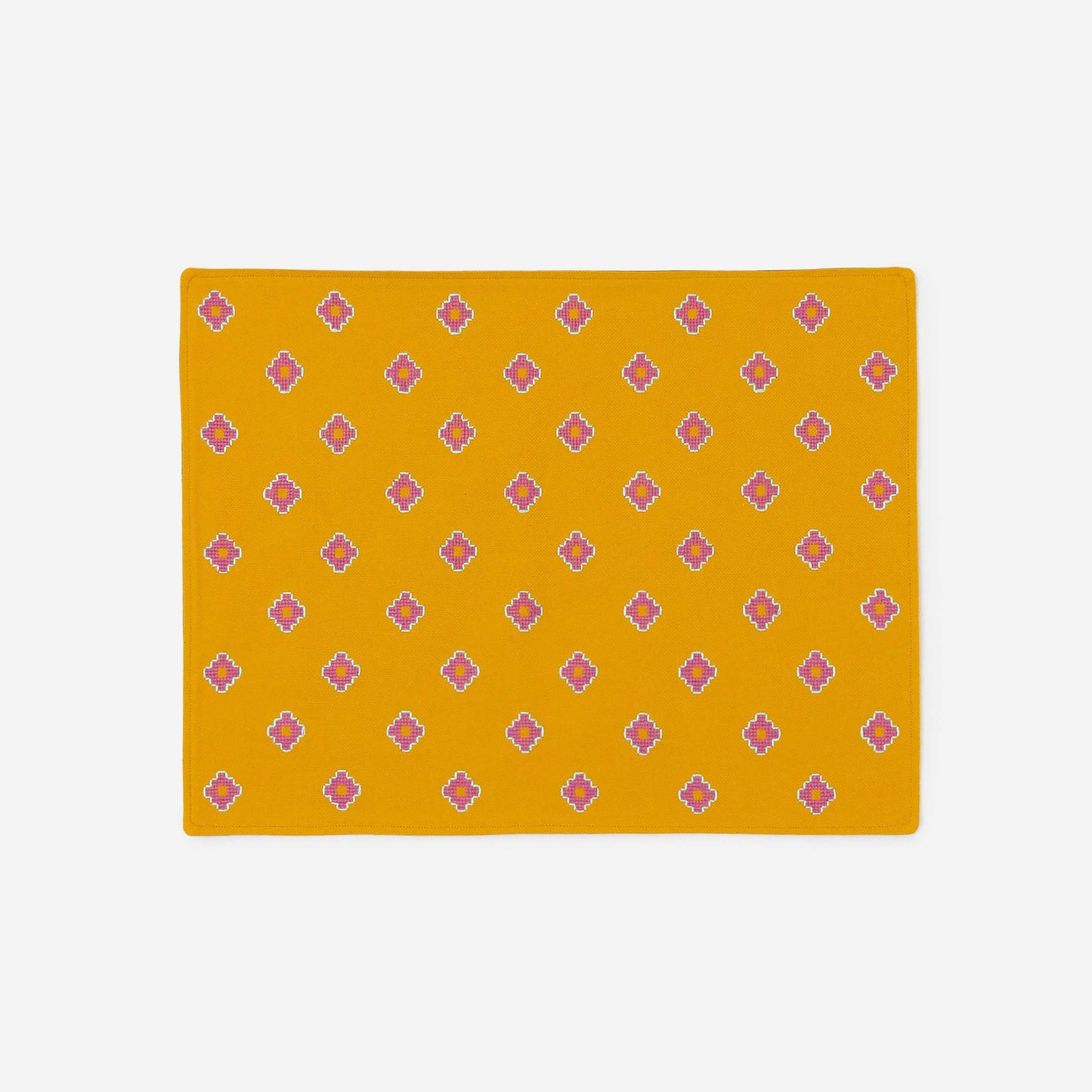 mustard Apadana placemat with pink flower embroidery