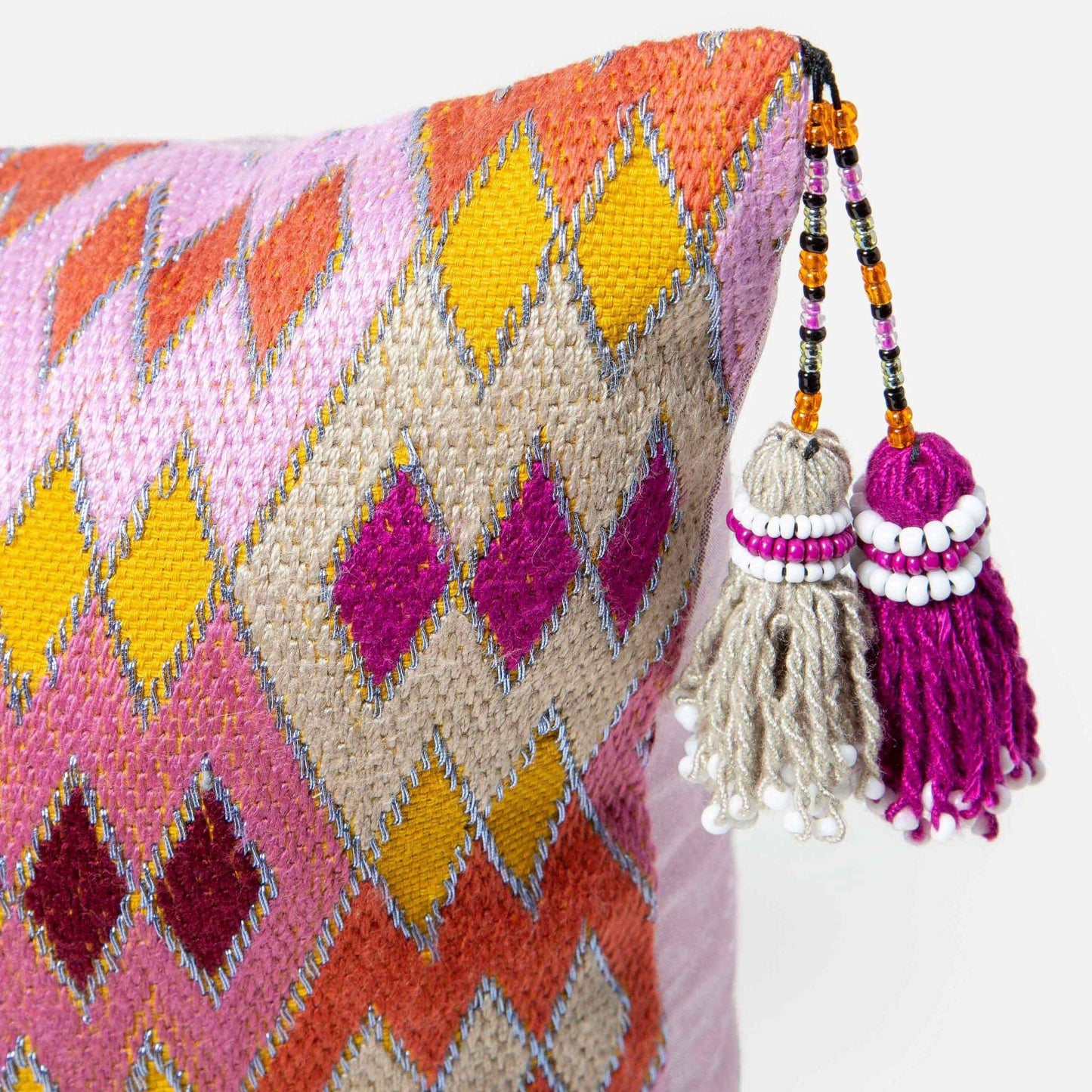 Detail close up photo of Bibi hand embroidered cushion