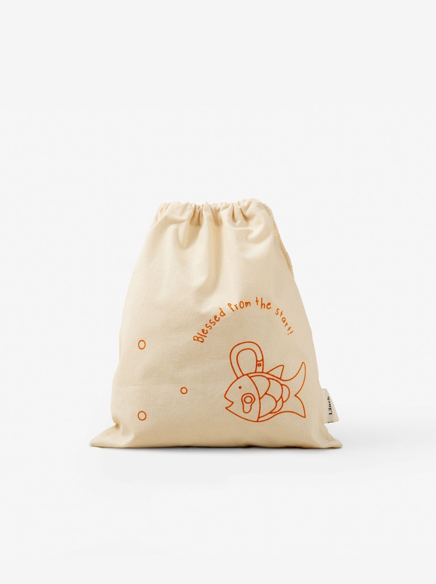 A white string bag with orange fish drawing