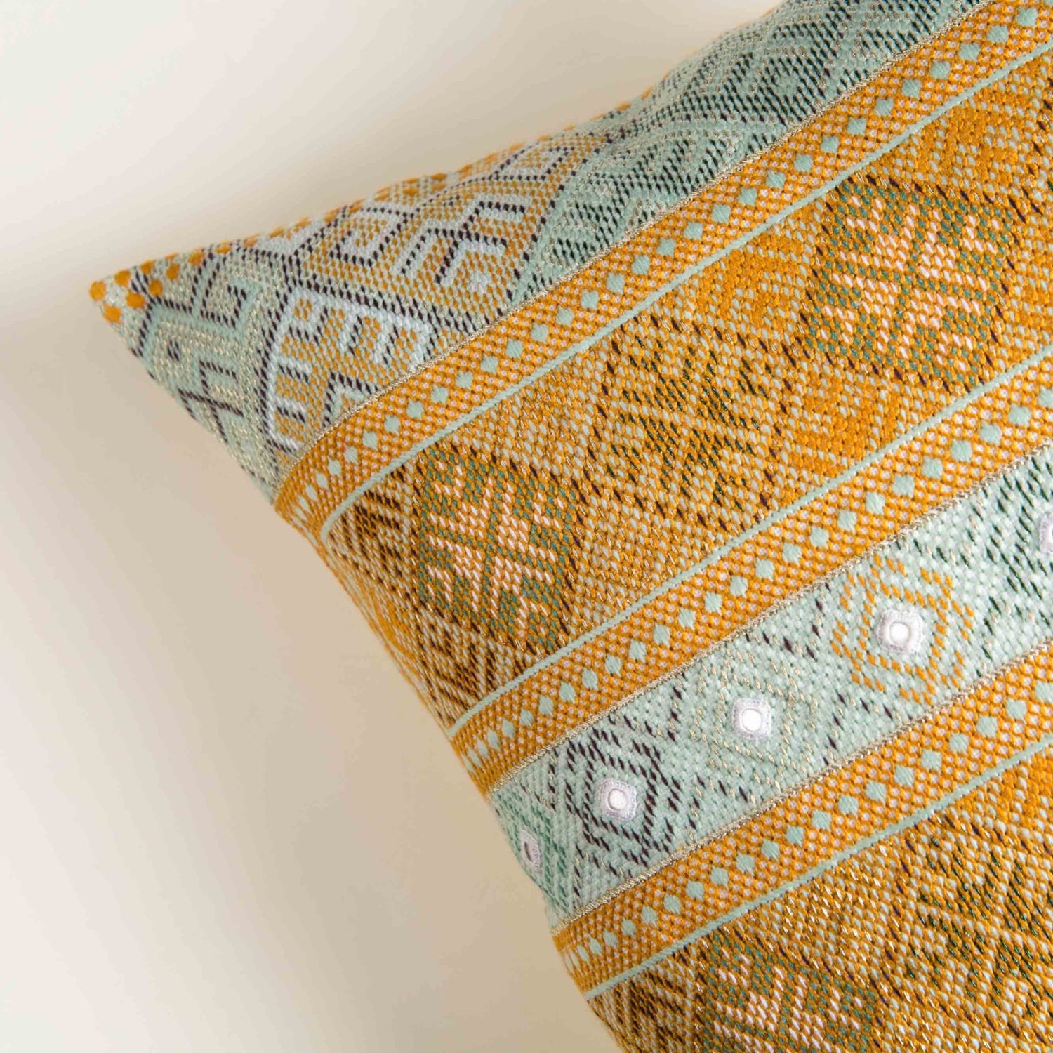 Sage/ Orange colorful Noor editioned cushion with intense Baluchi embroidery