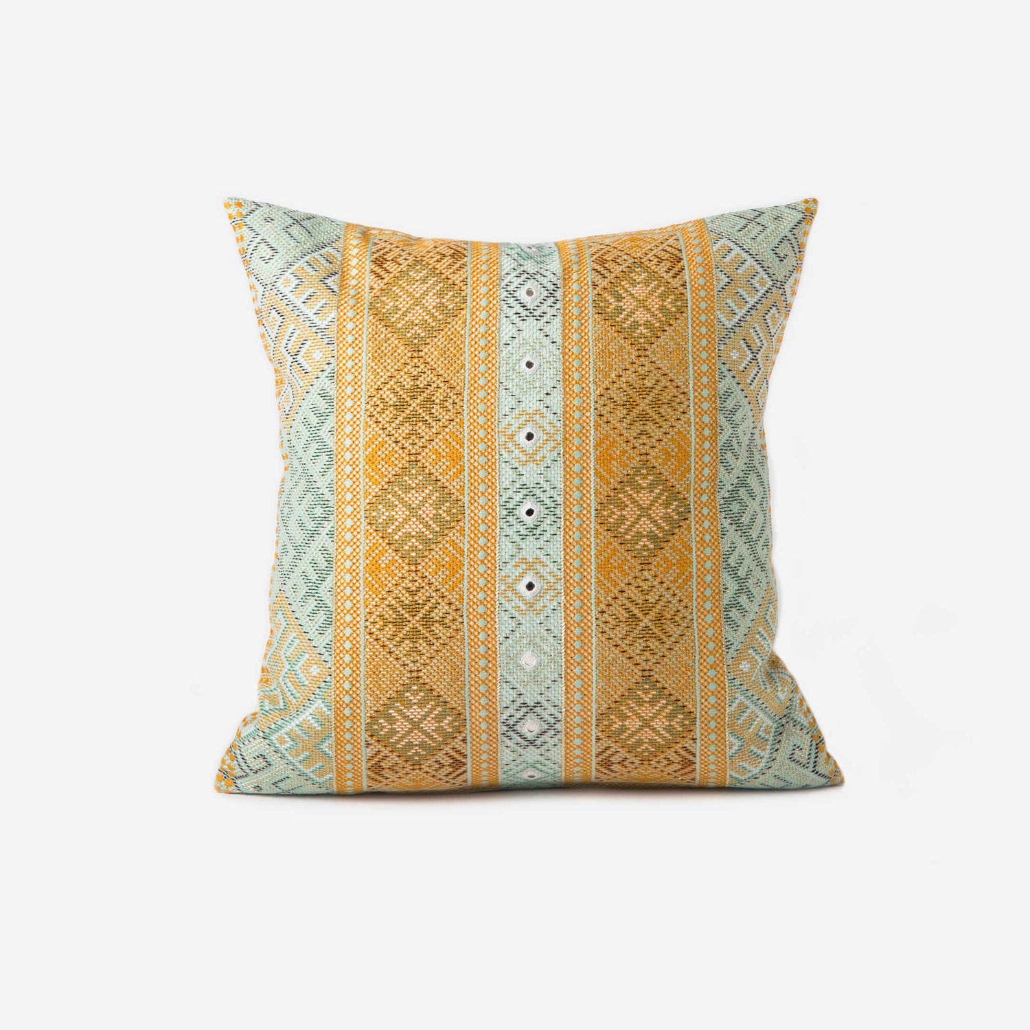 Sage/ Orange Noor editioned cushion with intense Baluchi embroidery and mirrors