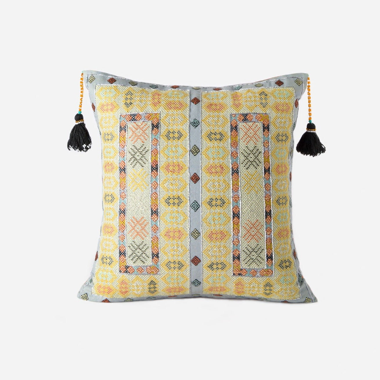 Sunlight yellow Zee square cushion with intense Baluchi embroidery and tassels
