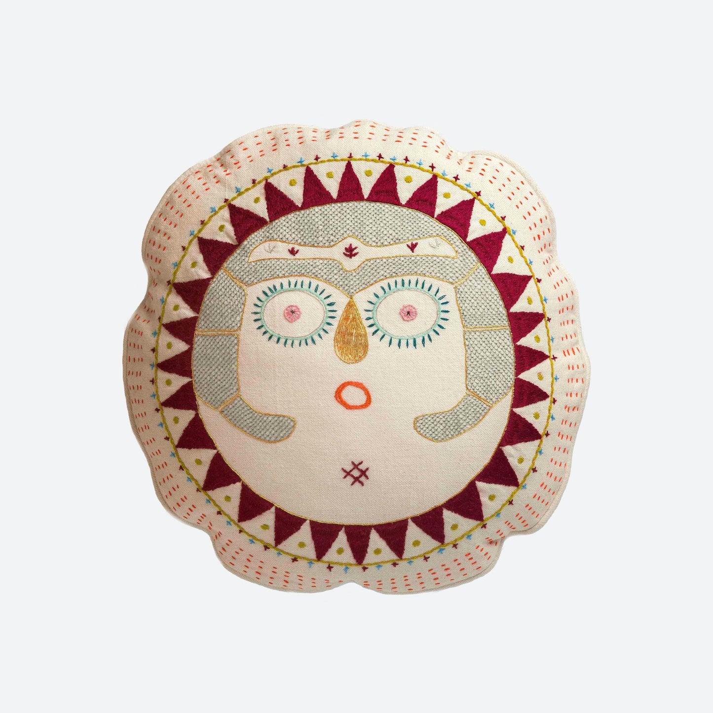 White round cushion embroidered with Beetroot Sun Lady  Edit alt text