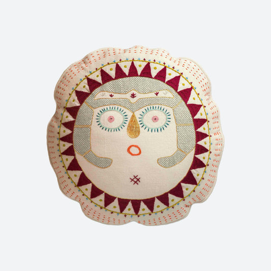 White round cushion embroidered with Red Plum Sun Lady  Edit alt text