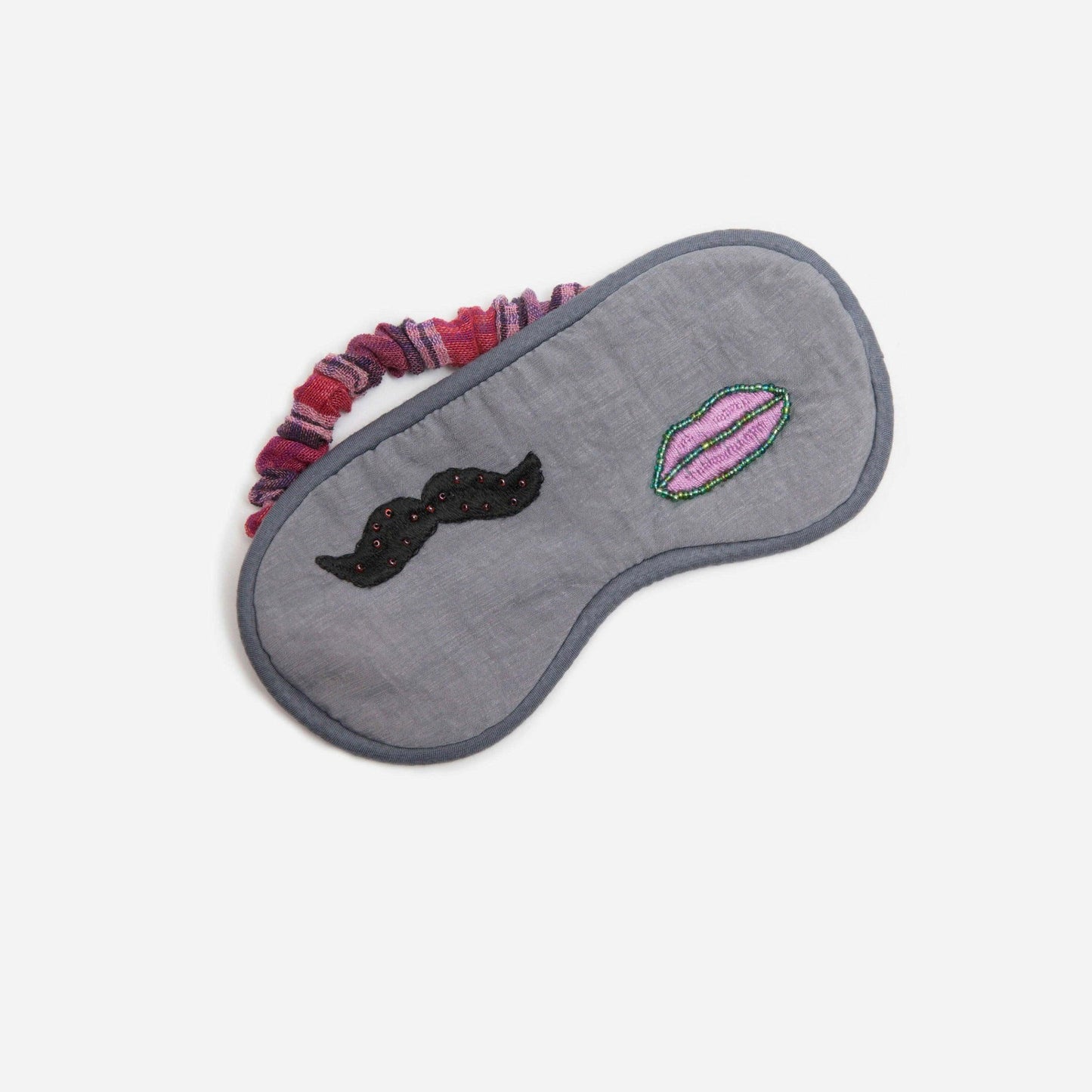 Dove grey Kereshmeh sleep mask with embroidery of a mustache and a lip