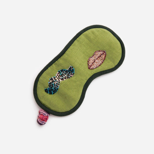 Parrot green Kereshmeh sleep mask with embroidery of a mustache and a lip