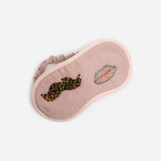 Seashell Kereshmeh sleep mask with embroidery of a mustache and a lip