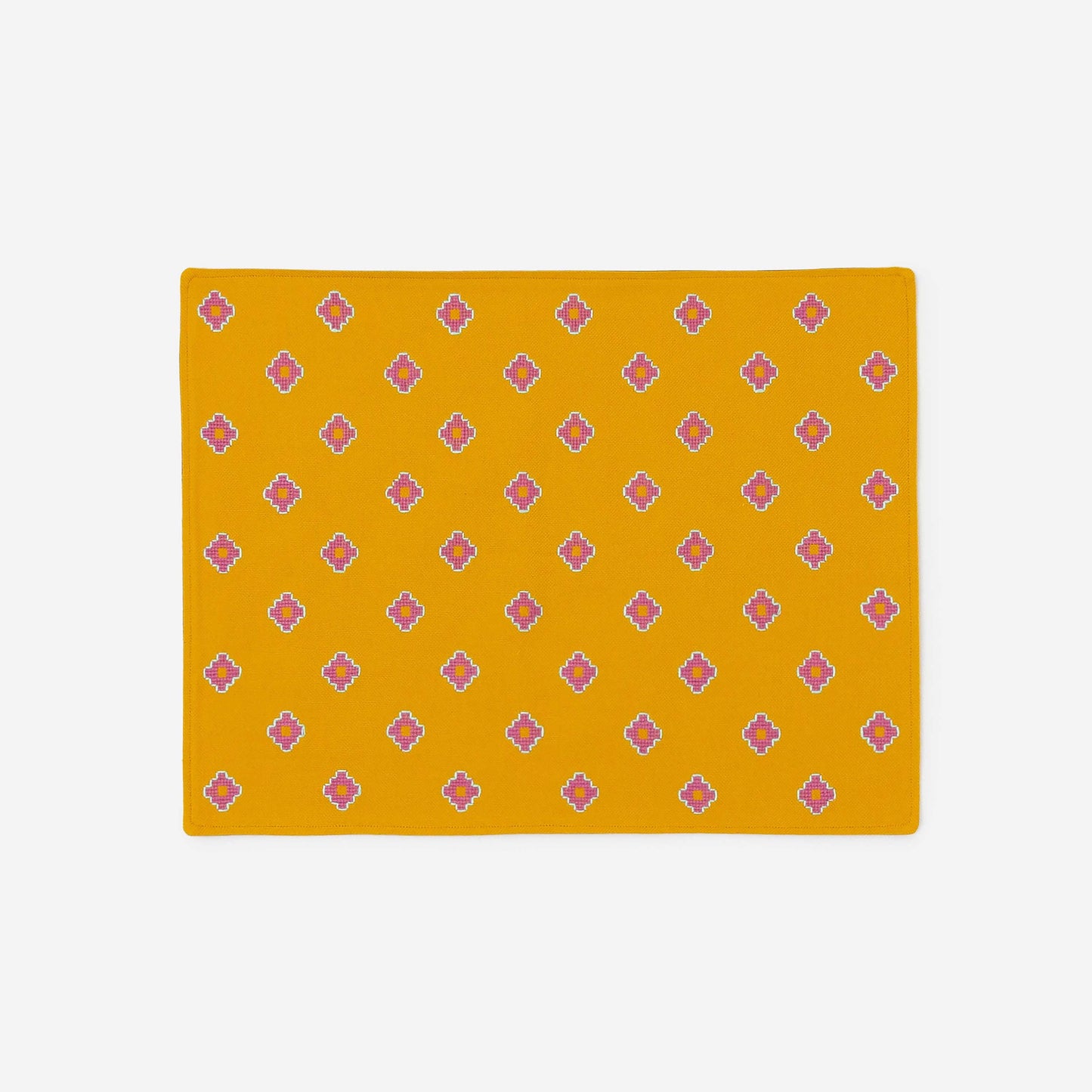 mustard Apadana placemat with pink flower embroidery