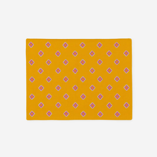 mustard Apadana placemat with pink flower embroidery