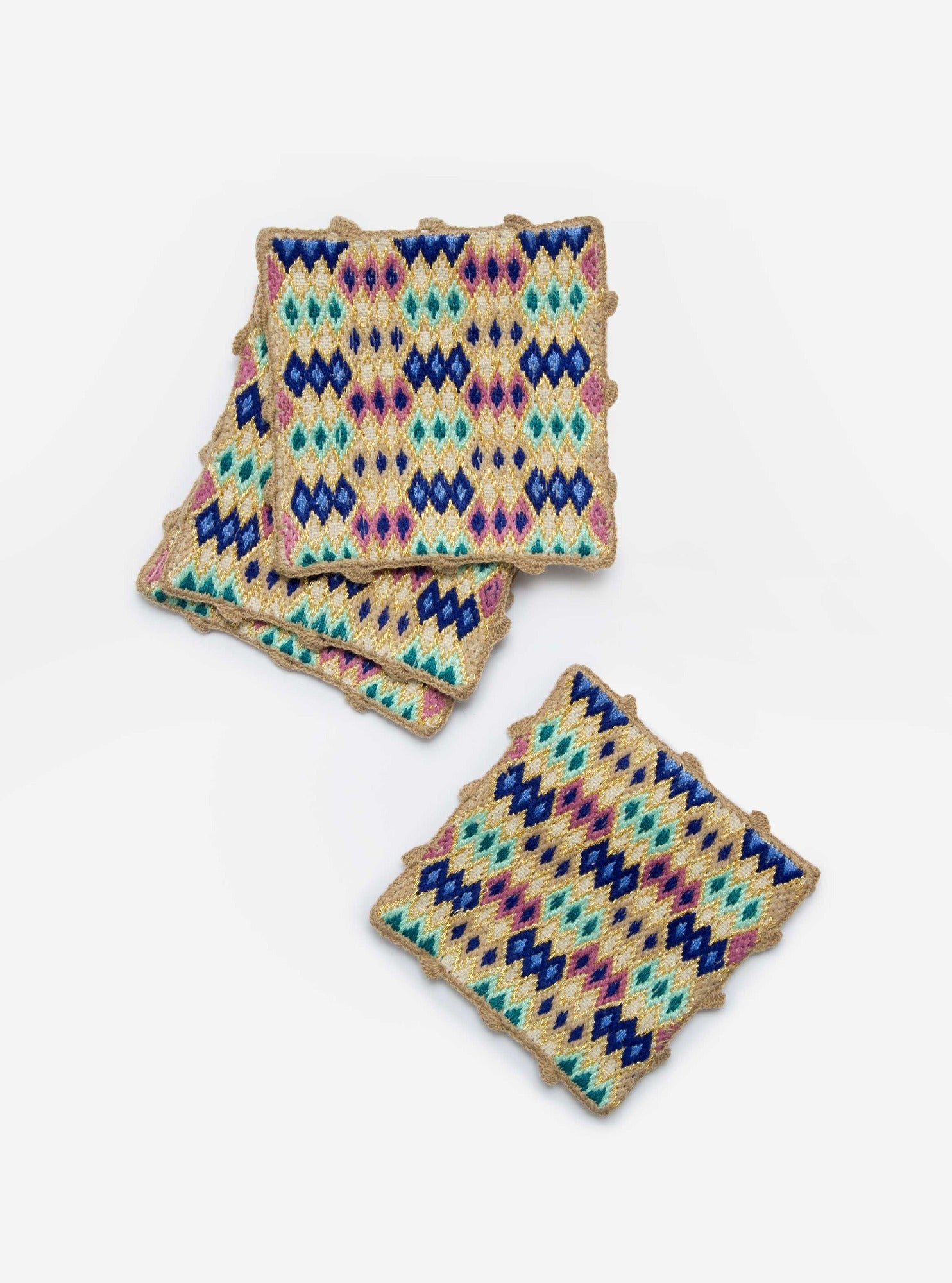 Ivory / Turquoise Bibi coaster set with embroidery 