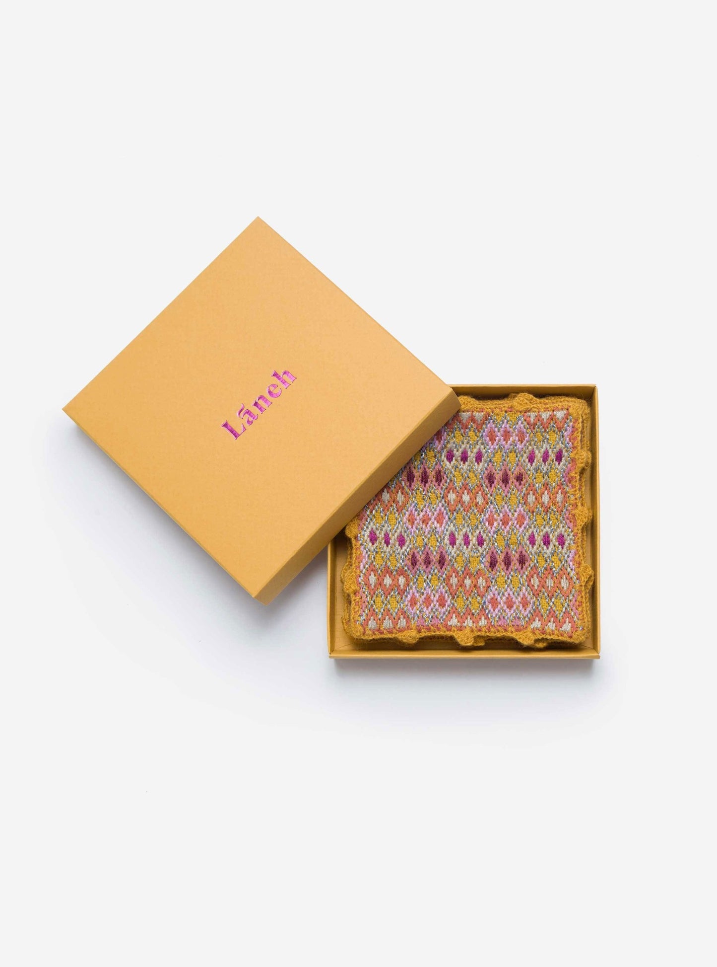 Mustard/ winter rose Bibi coaster set with embroidery inside a yellow Laneh box