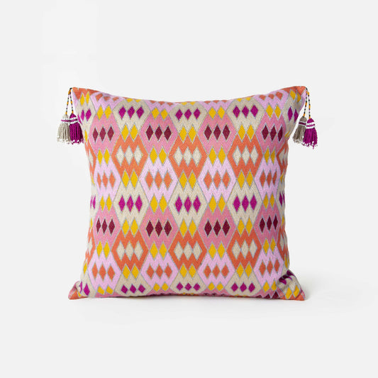 Square intensive embroidered Bibi cushion with tassels