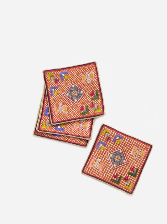 Tangerine orange Persian Garden coaster set with Baluchi embroidery