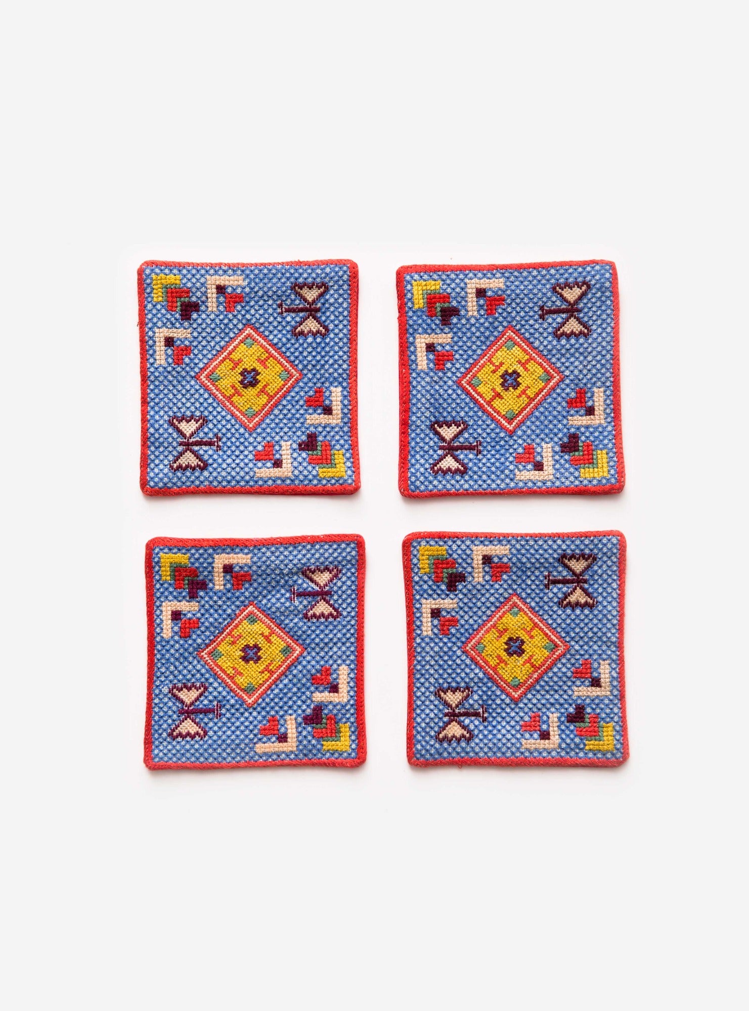 4 Nile Blue Persian Garden coasters with Baluchi embroidery