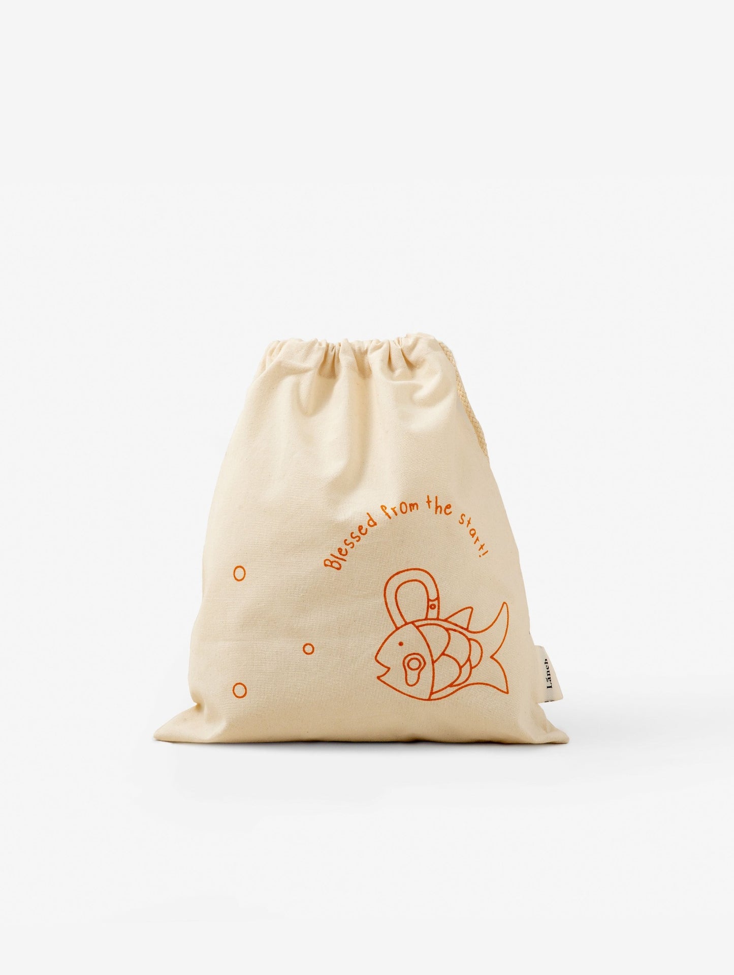 A white string bag with orange fish drawing 