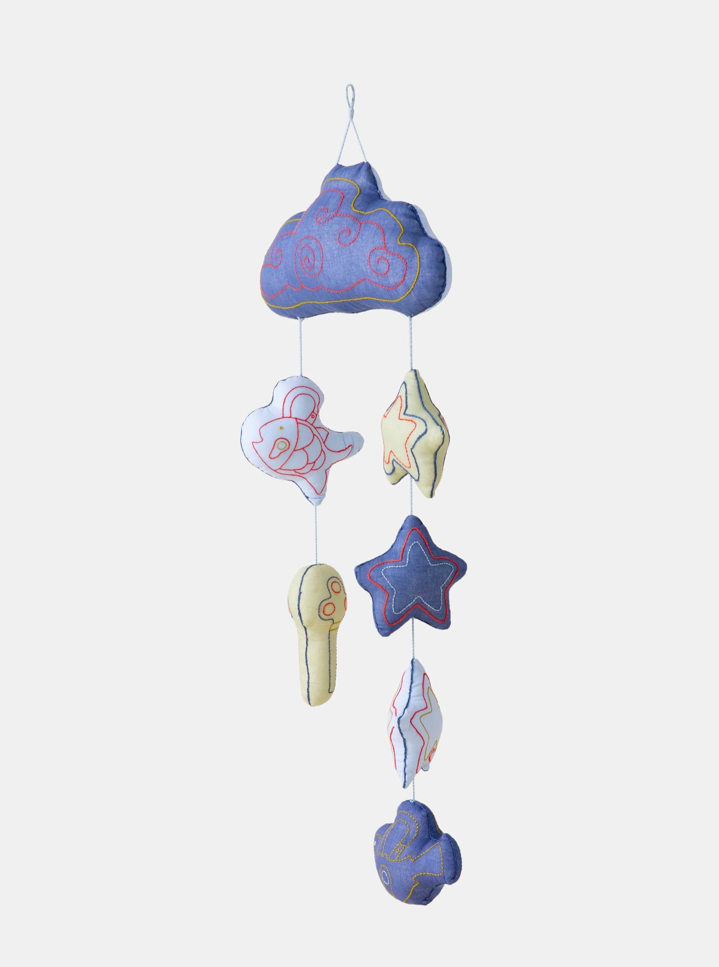 Blue Lucky Charm baby mobile hanging from ceiling