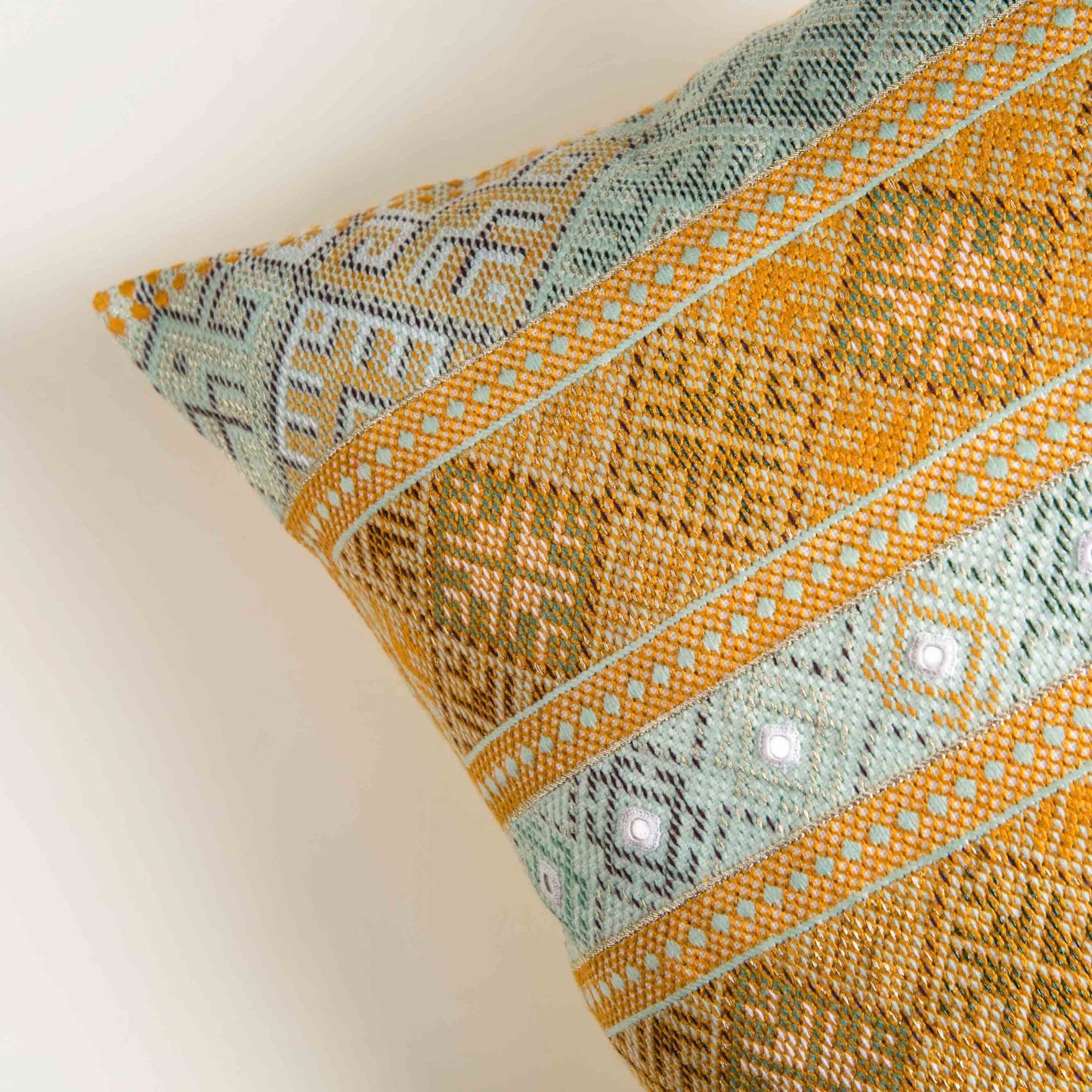 Sage/ Orange colorful Noor editioned cushion with intense Baluchi embroidery 