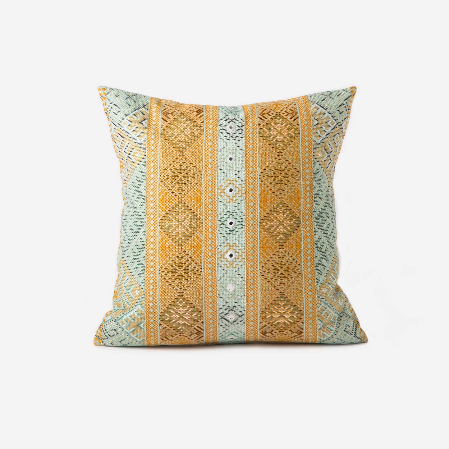 Sage/ Orange Noor editioned cushion with intense Baluchi embroidery and mirrors 