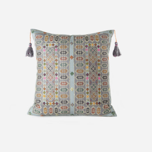 Midnight Blue Zee square cushion with intense Baluchi embroidery and tassels